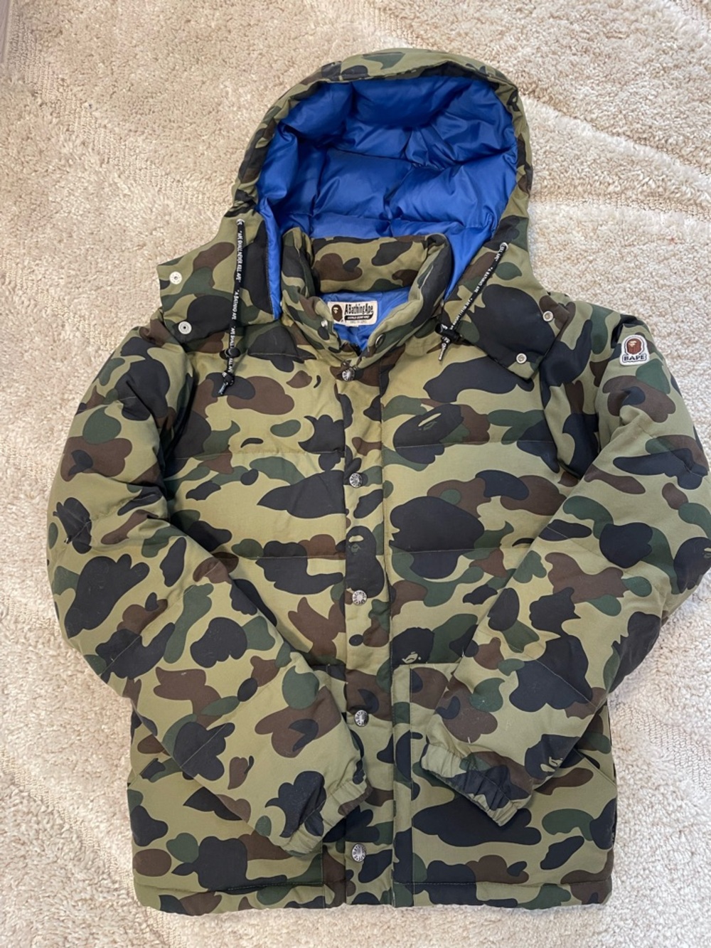 A Bathing Ape BapeCamo Puffer Jacket with Blue Lining with Detachable Hood